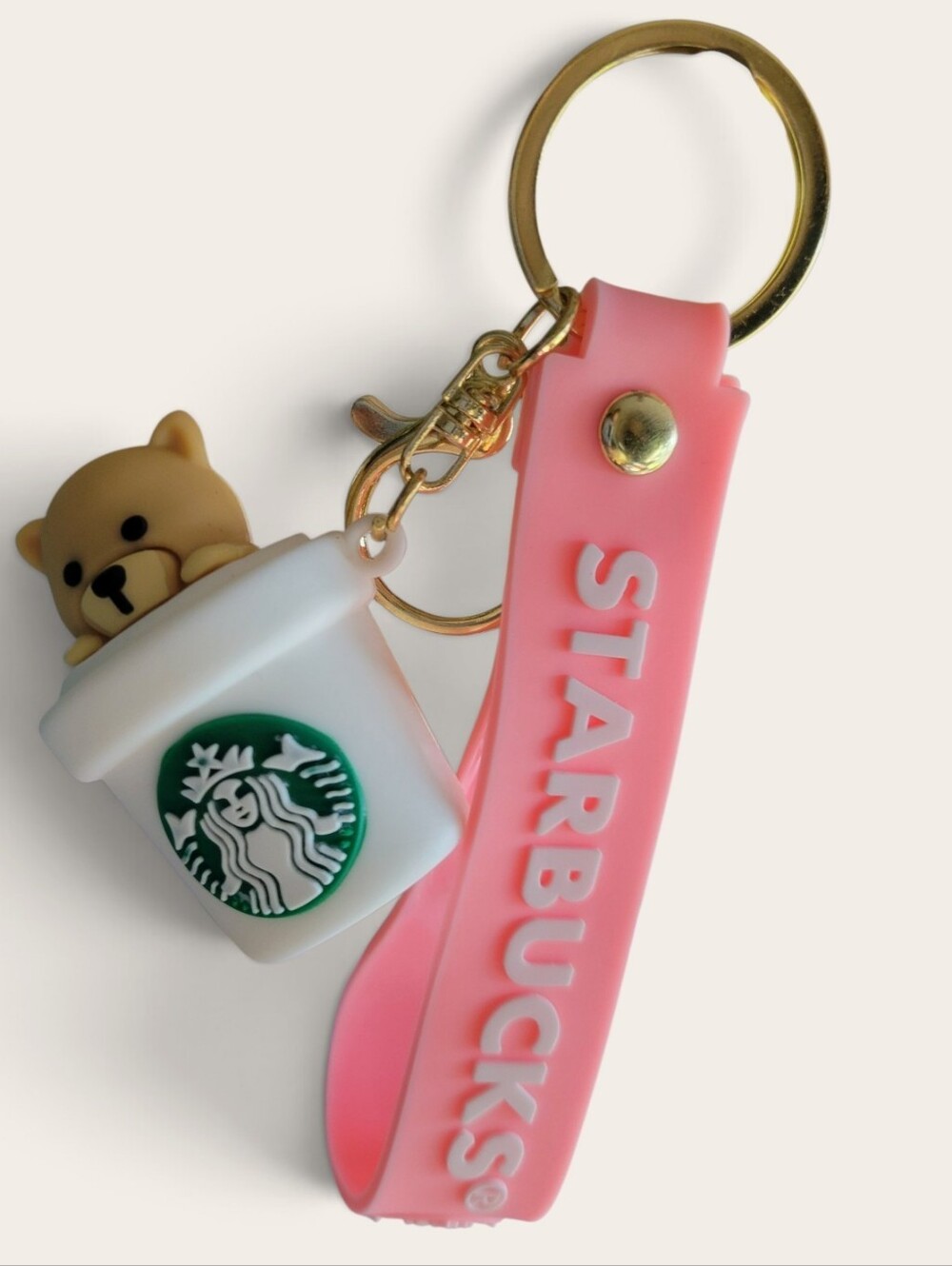 Starbucks Pink Silicone Strap Key Ring with White Cup & Tan Bear Charm